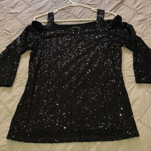 INC International Concepts Tops - INC Black Sequin Top - Three-Quarter Sleeve - Lg